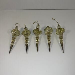 Vintage Faceted 5 Acrylic Citron/ Peridot Hand Beaded & Gold Filigree Ornaments